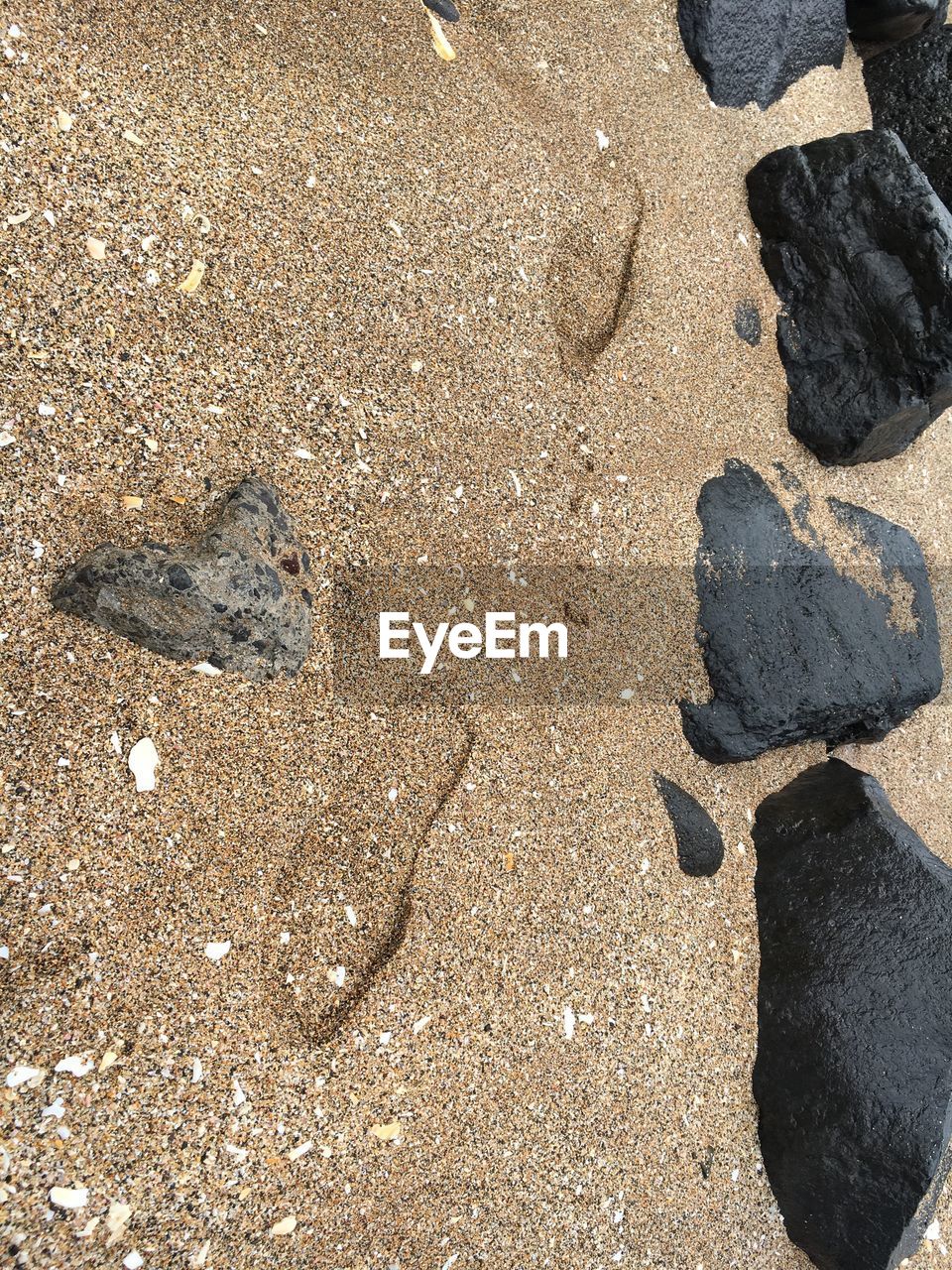 HIGH ANGLE VIEW OF PEBBLES ON SHORE