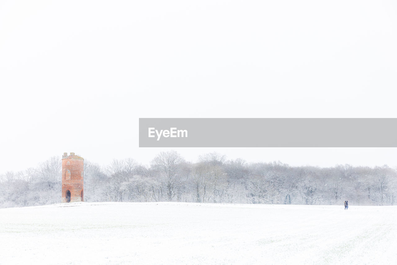 Rear view of man on snowy field against clear sky