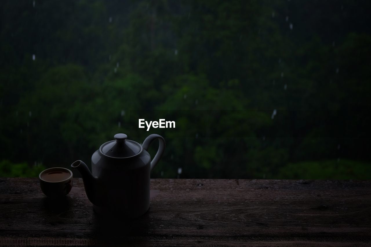 TEA CUP ON TABLE BY TREES