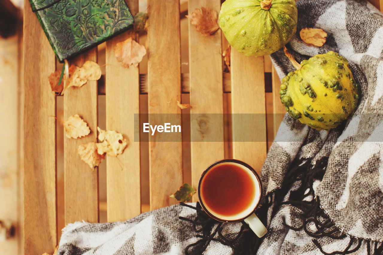 Directly above shot of tea on table during autumn