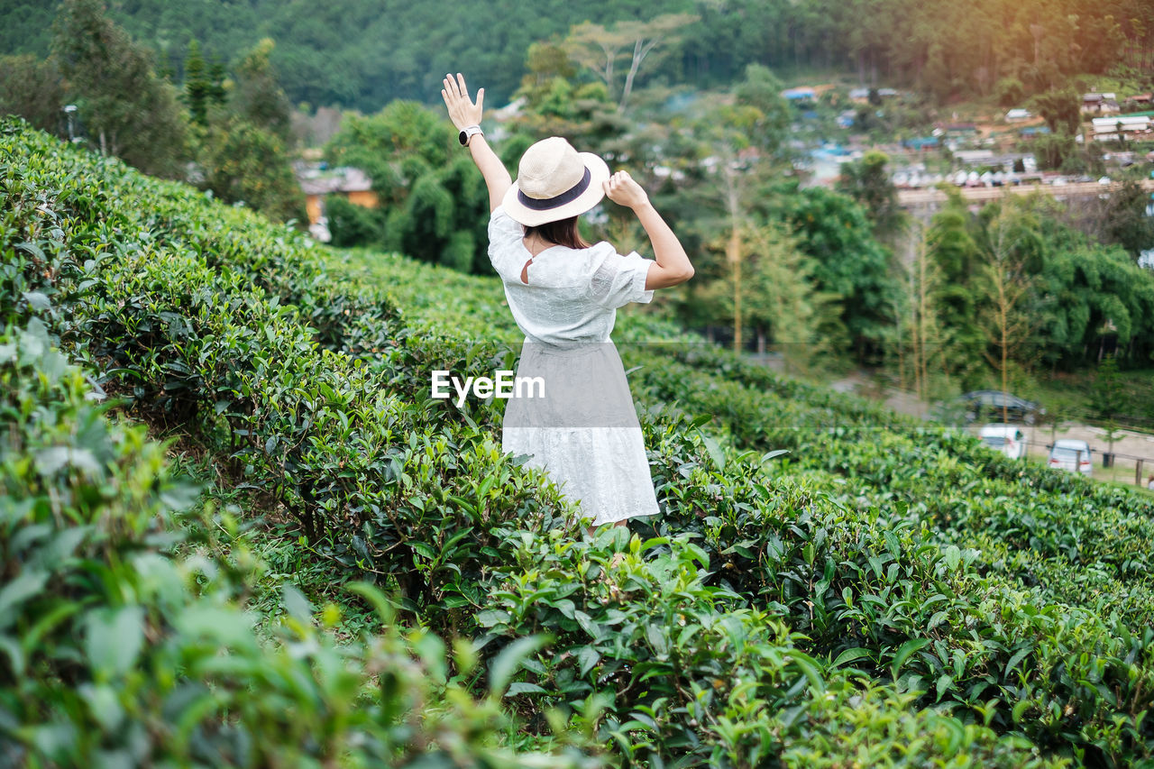 REAR VIEW OF WOMAN STANDING BY PLANTS ON FIELD