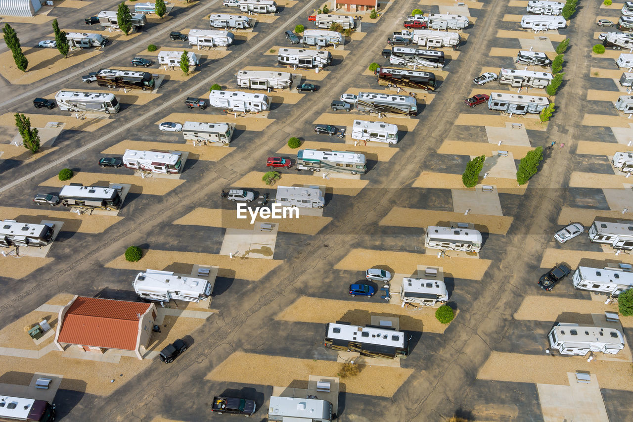 High angle view of street amidst buildings