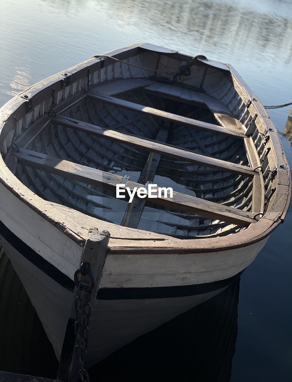 High angle view of boat moored in lake