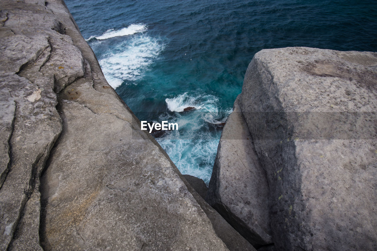 HIGH ANGLE VIEW OF ROCK FORMATION ON BEACH