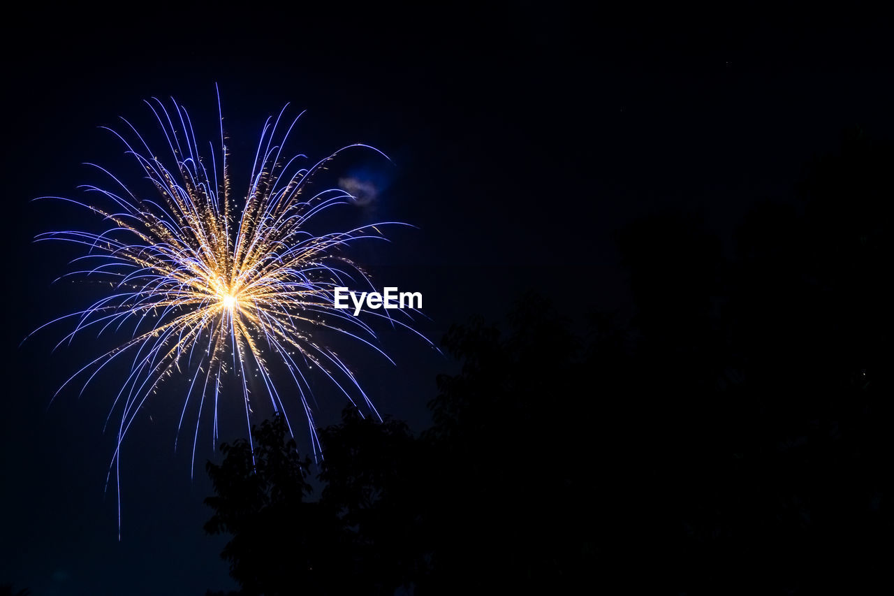 LOW ANGLE VIEW OF FIREWORKS IN NIGHT SKY