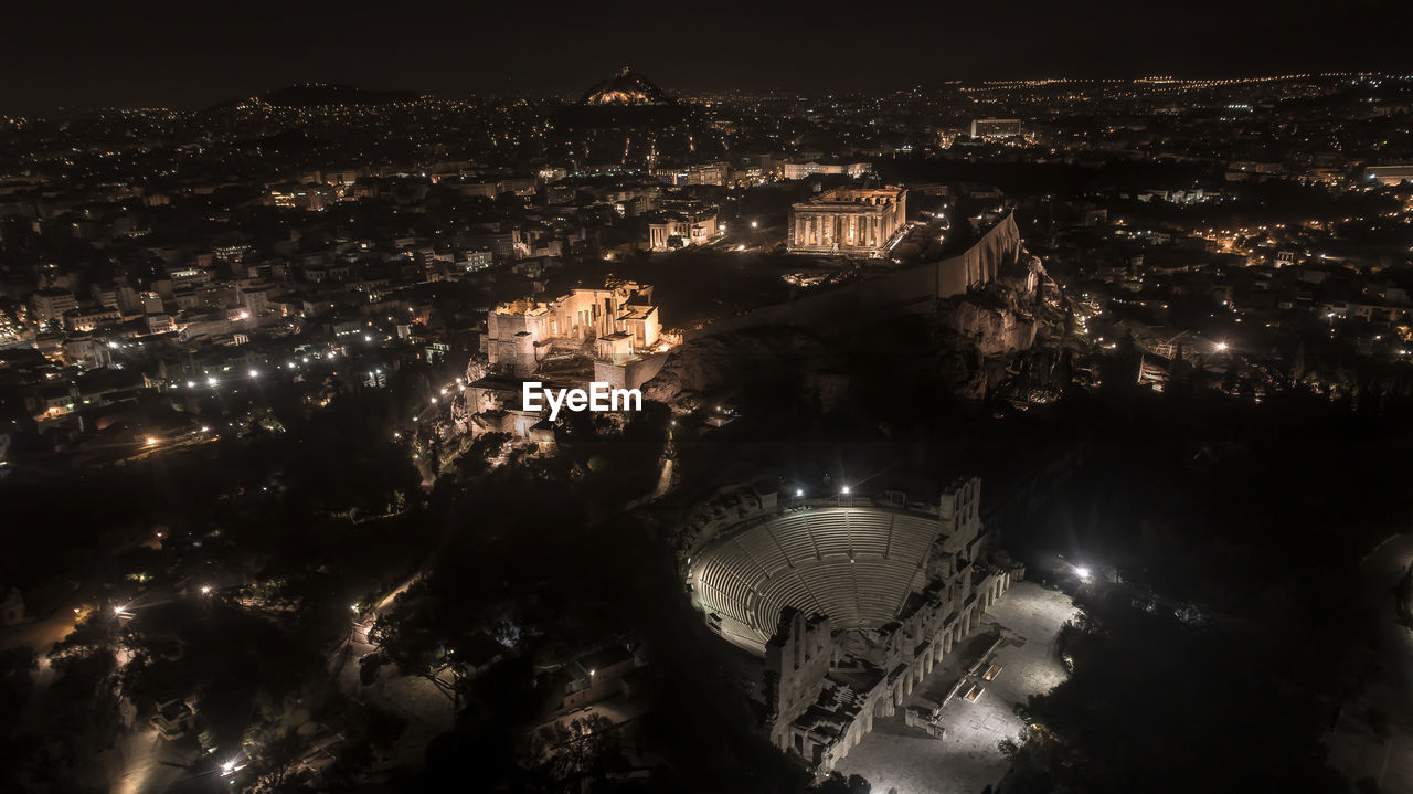 High angle view of illuminated buildings at night