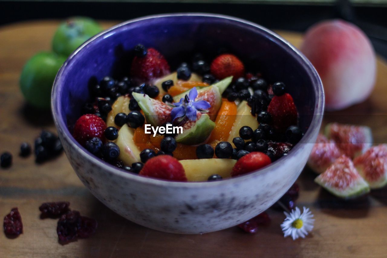 High angle view of fresh acai bowl on table