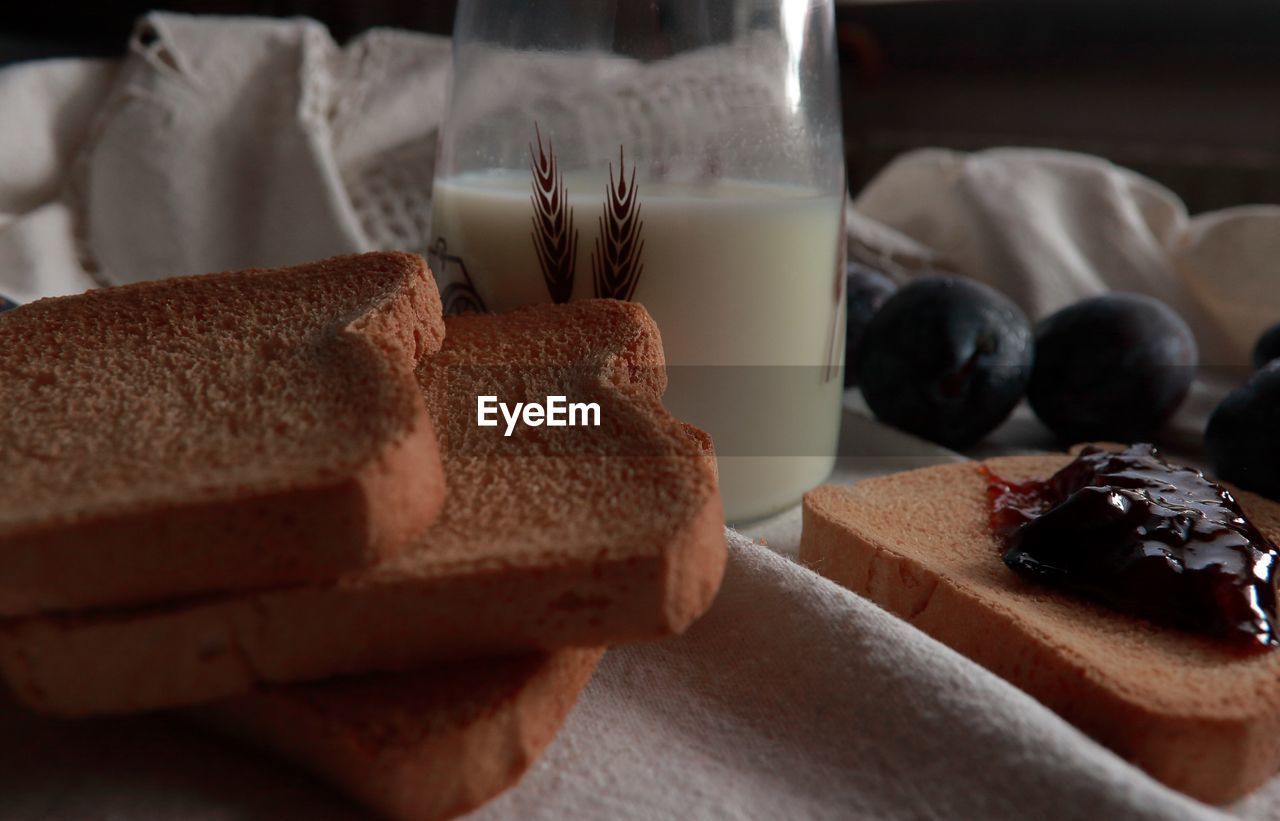 Close-up of breakfast served on table