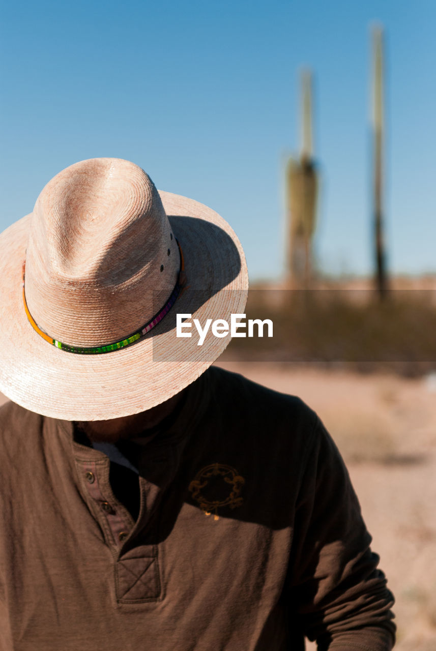 Rear view of a man wearing hat