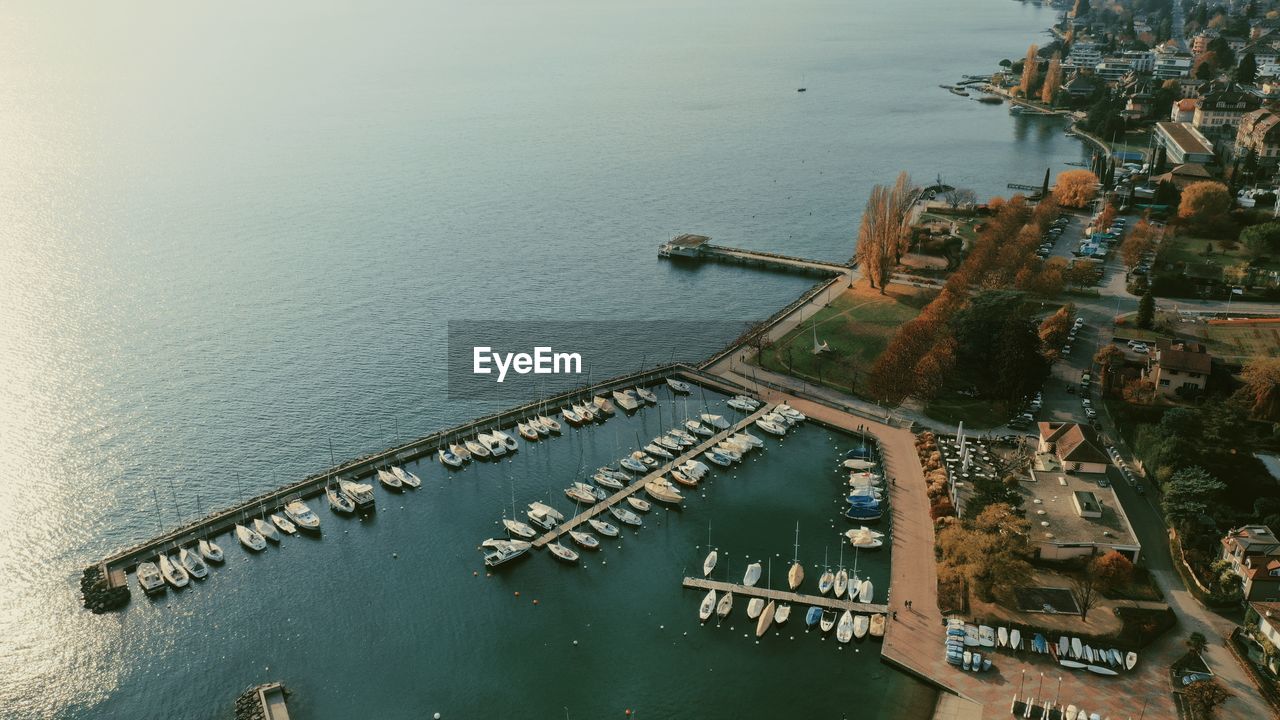 High angle view of harbor by sea