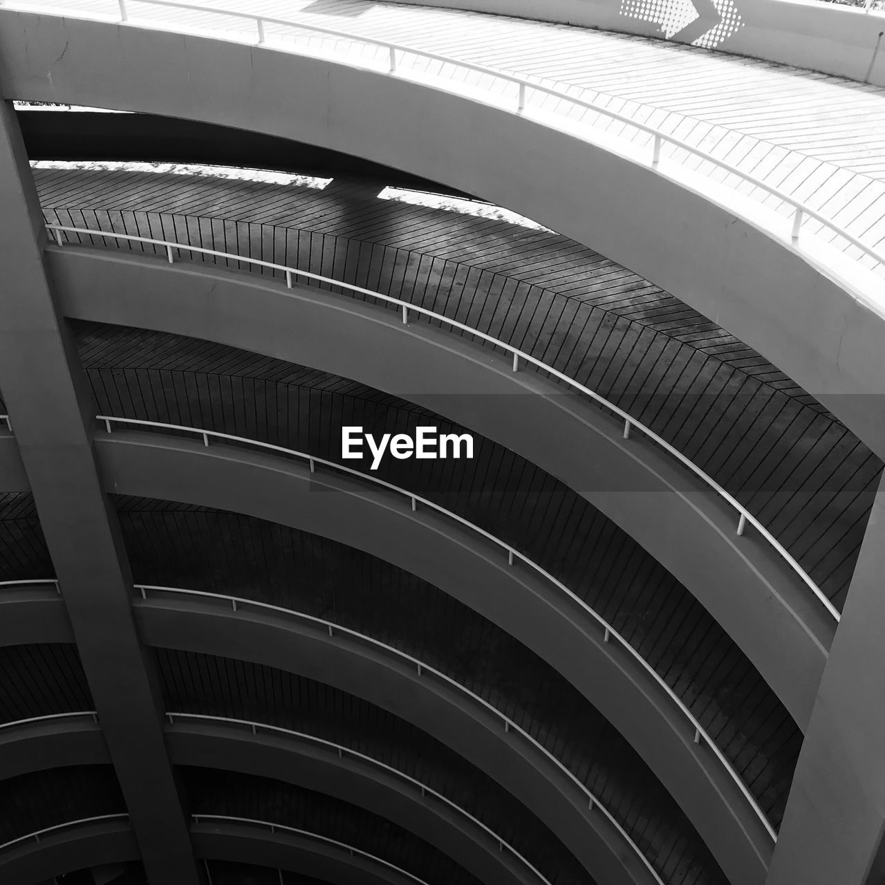 High angle view spiral parking ramp in building