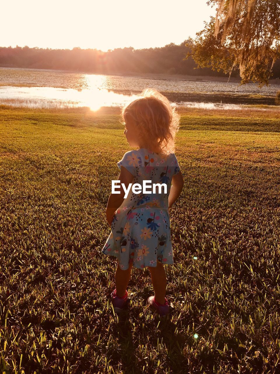 Rear view of girl looking at lake against sky during sunset