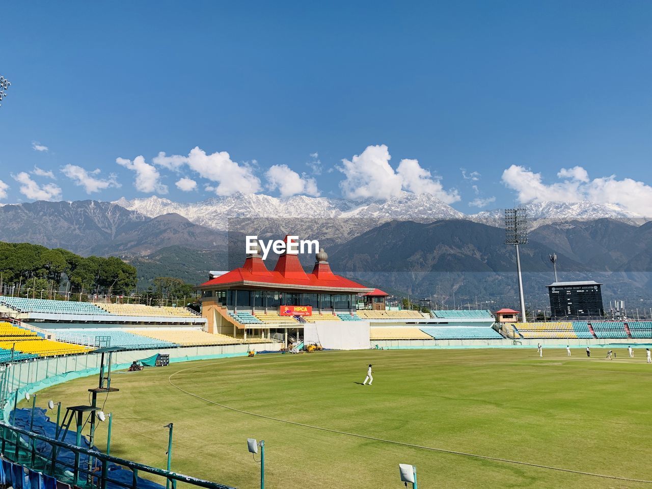 High angle view of cricket stadium against sky