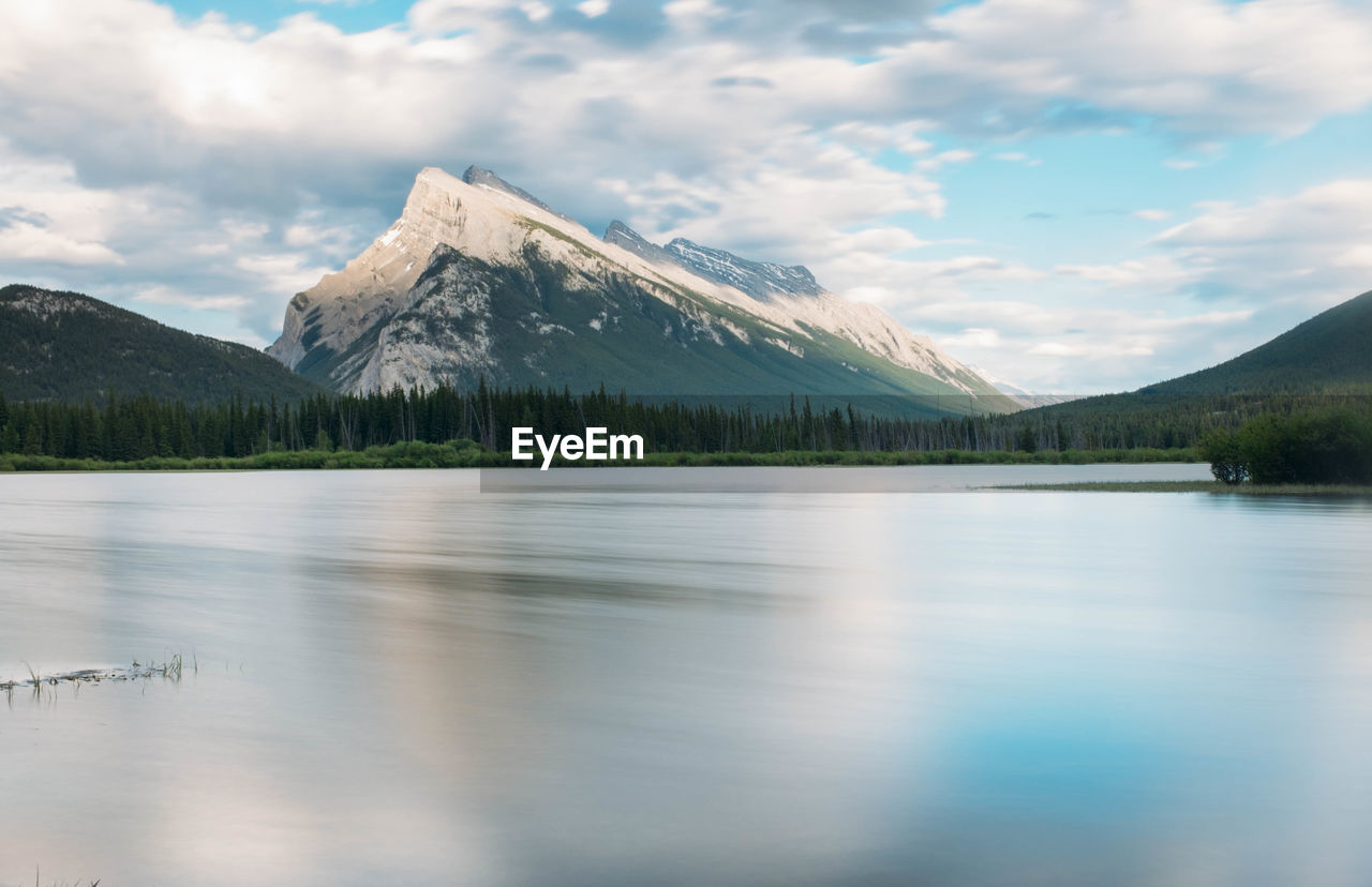 Scenic view of lake and mountains against sky