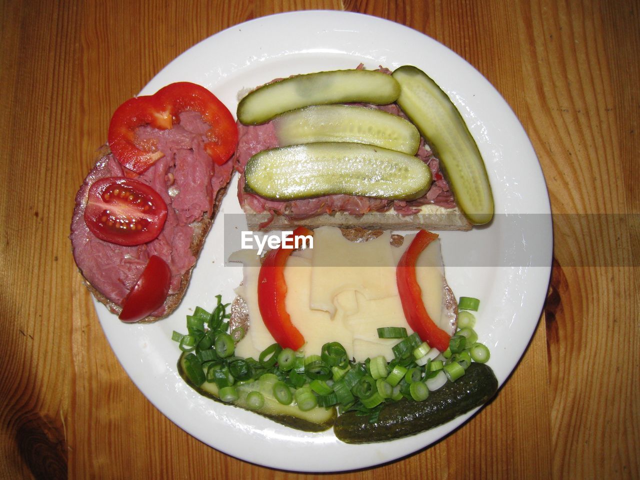 Close-up overhead view of food on table