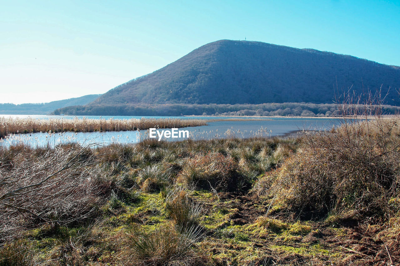 Scenic view of lake against clear sky