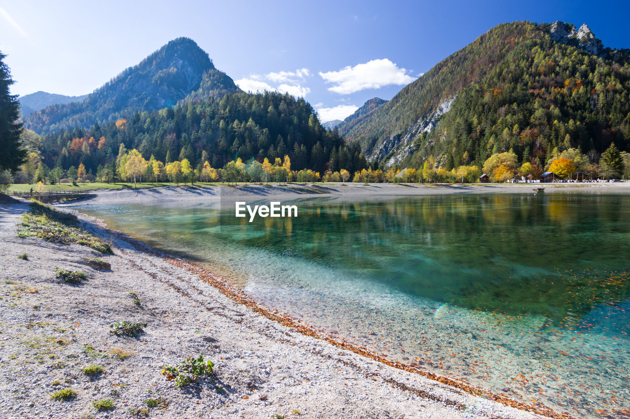 Scenic view of lake and mountains against sky