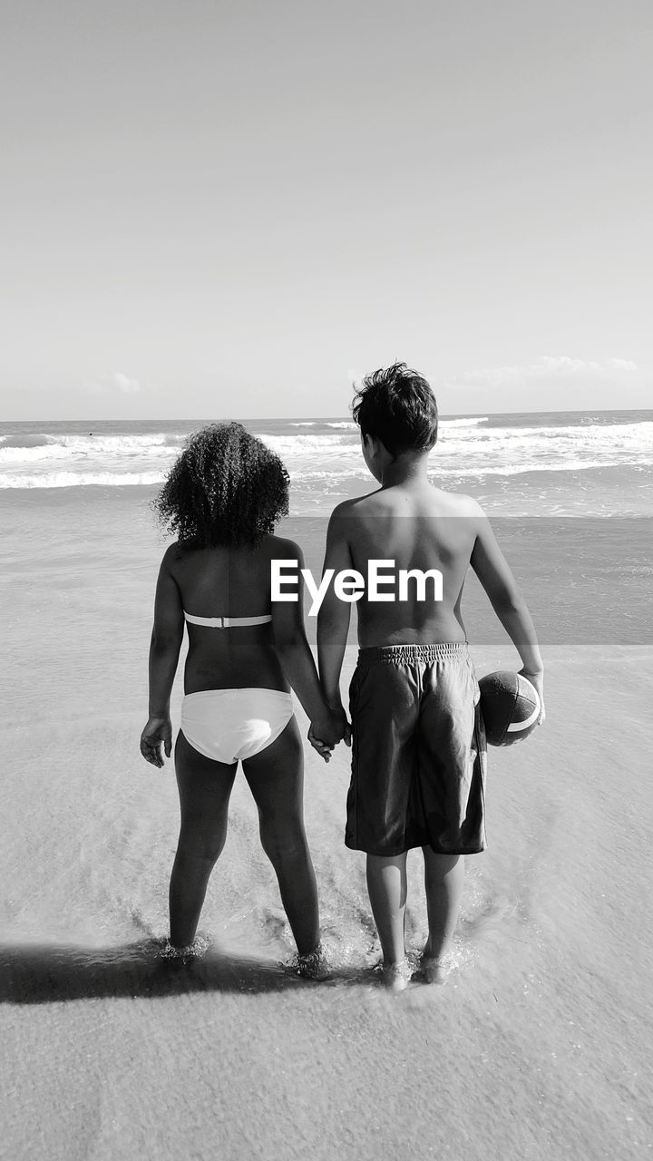 Rear view of friends standing on beach against clear sky