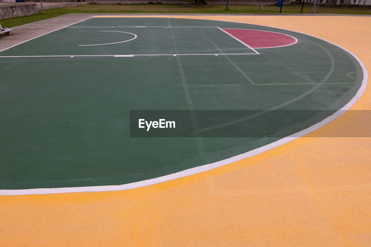 sports, baseball field, baseball park, sport venue, playground, soccer-specific stadium, competition, flooring, tennis court, no people, high angle view, absence, stadium, day, floor, leisure activity, green, basketball, empty, outdoors, playing field