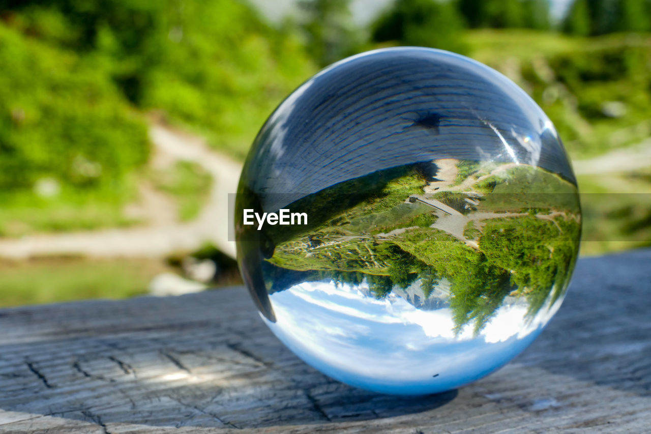 sphere, green, nature, glass, environment, planet earth, globe - man made object, reflection, environmental conservation, transparent, water, blue, tree, plant, outdoors, no people, wood, close-up, day, land, crystal ball, grass, shape, focus on foreground, single object, space, sunlight, geometric shape, landscape, planet, travel, sky, leaf, physical geography, environmental issues, circle