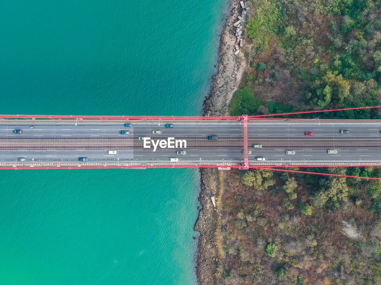 Aerial view of april 25th bridge over tagus river