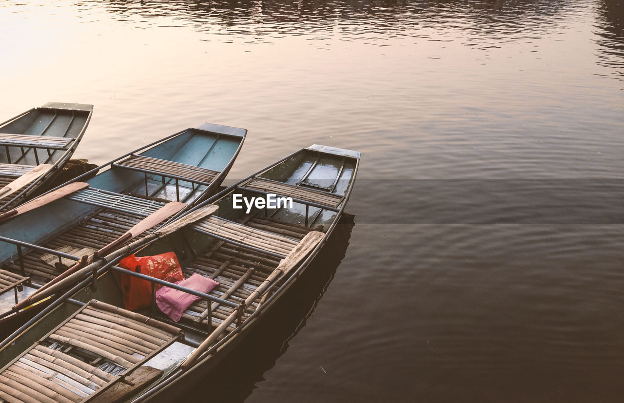 High angle view of boat moored in lake