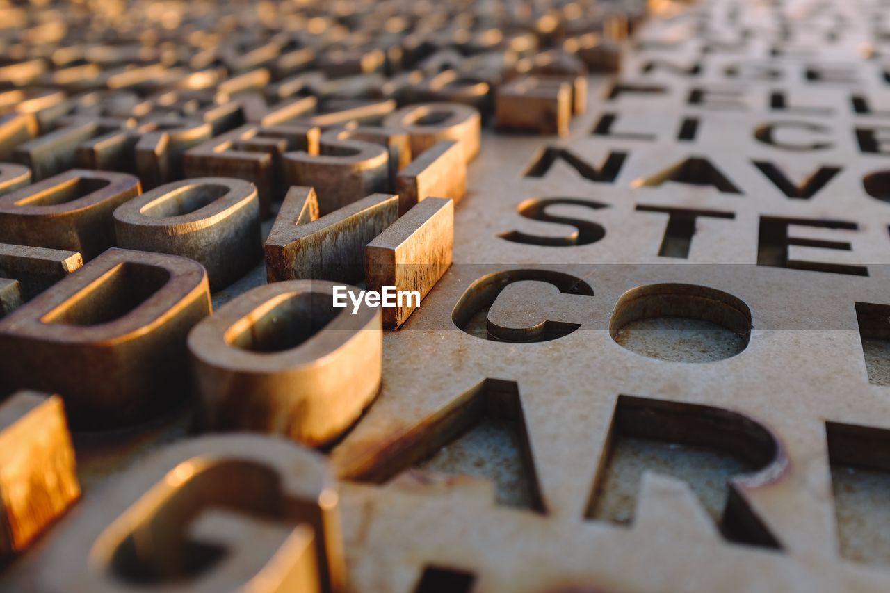 High angle view of old metallic alphabets