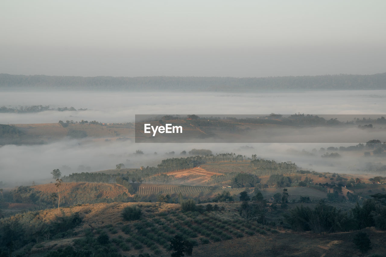 SCENIC VIEW OF FOGGY LANDSCAPE AGAINST SKY