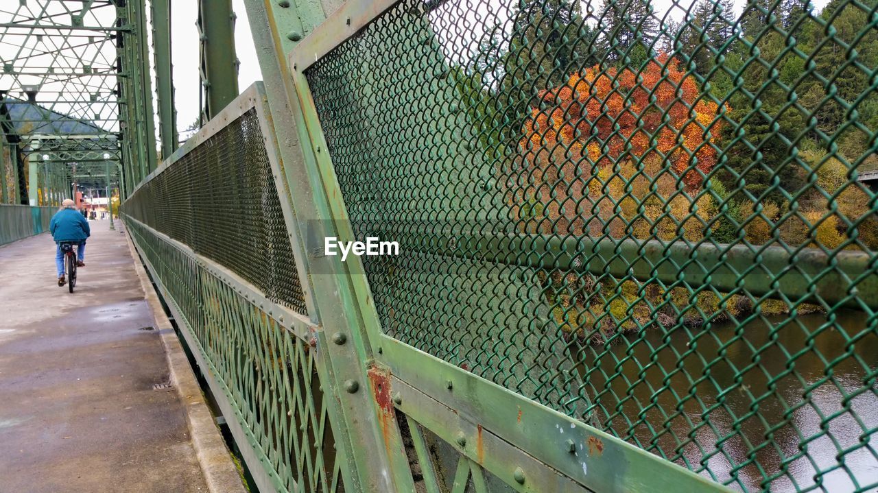 Rear view of man rising bicycle on bridge