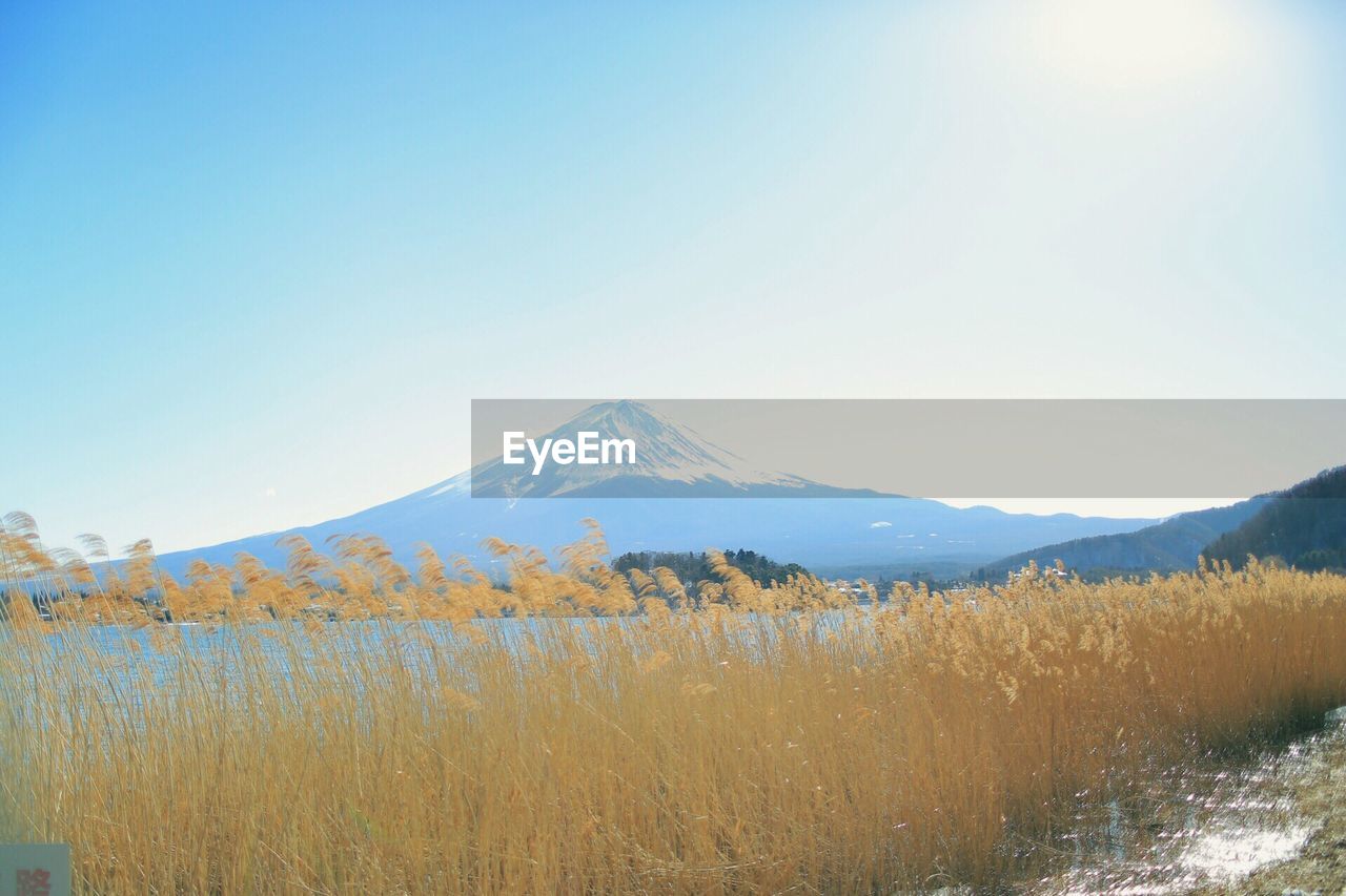 Scenic view of snowcapped mountains against clear sky
