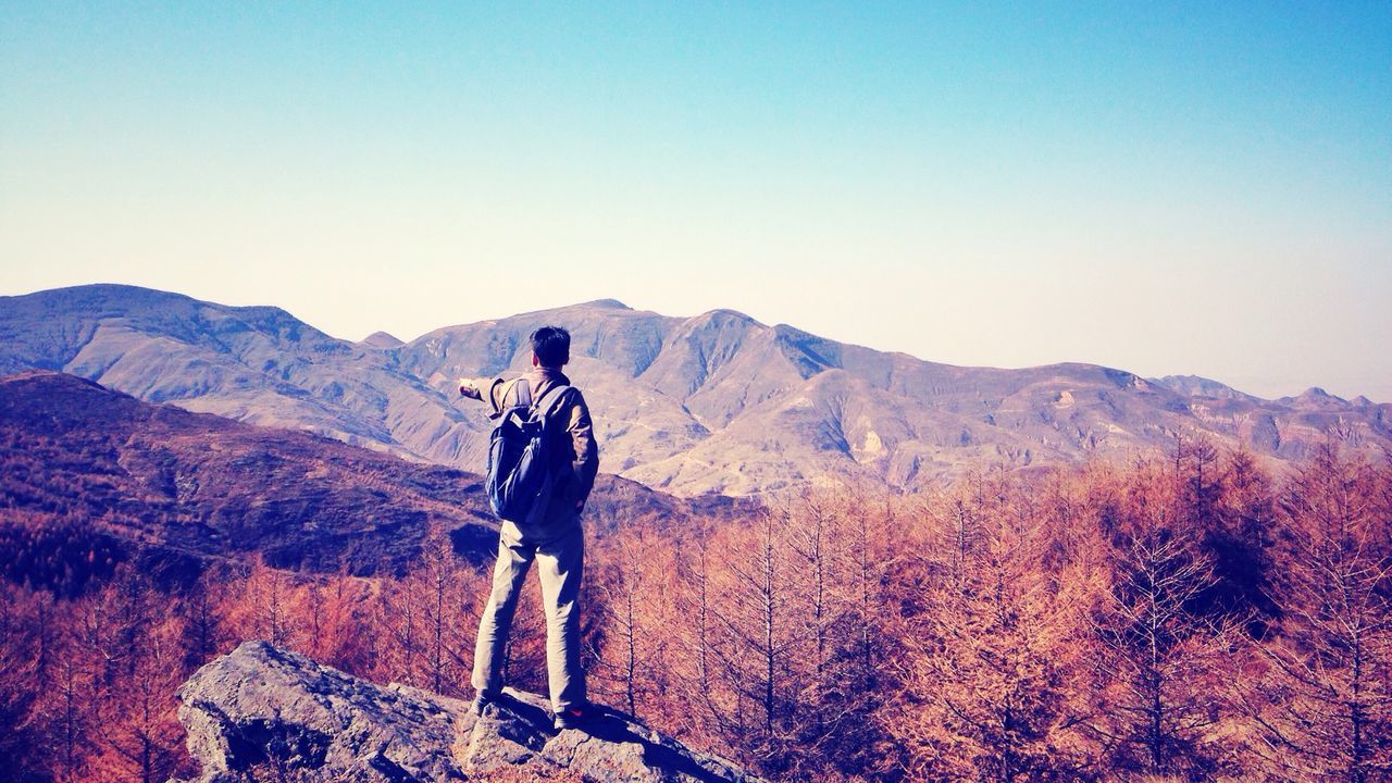 Rear view of man standing on rocky landscape