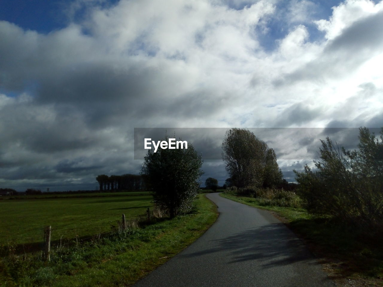 ROAD AMIDST TREES AND PLANTS ON FIELD AGAINST SKY