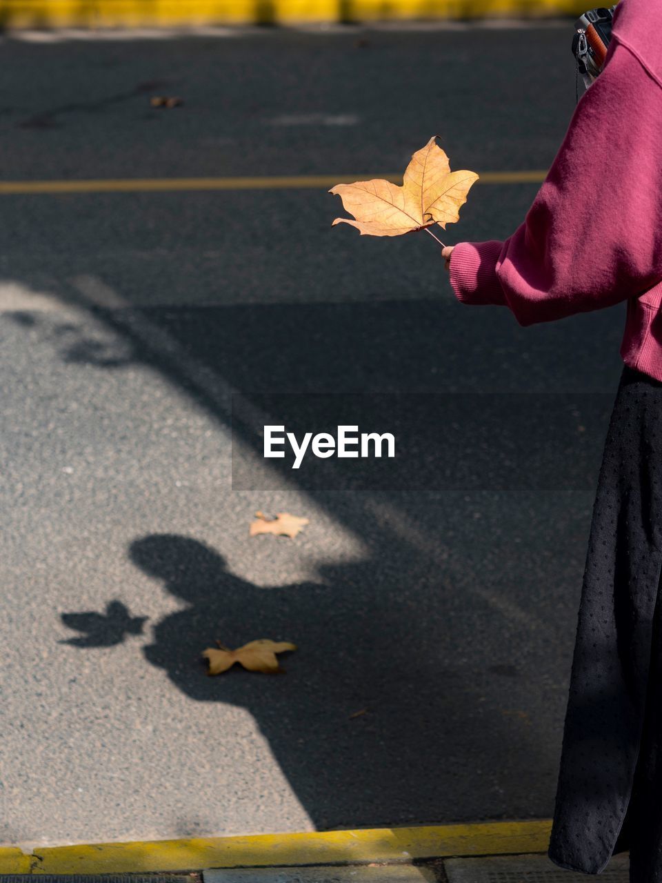 SHADOW OF PERSON FALLING ON DRY LEAVES ON STREET