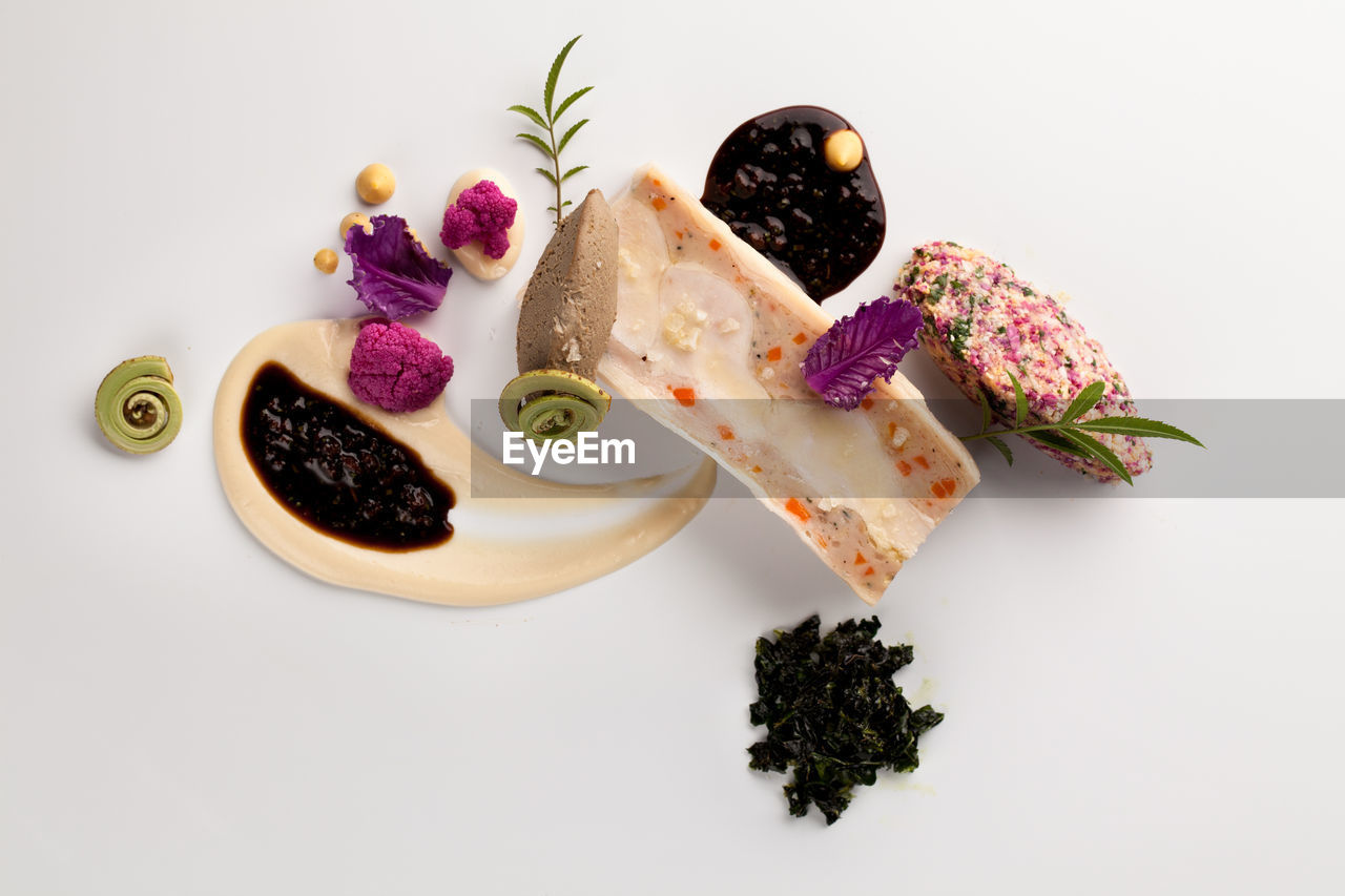 High angle view of food over white background
