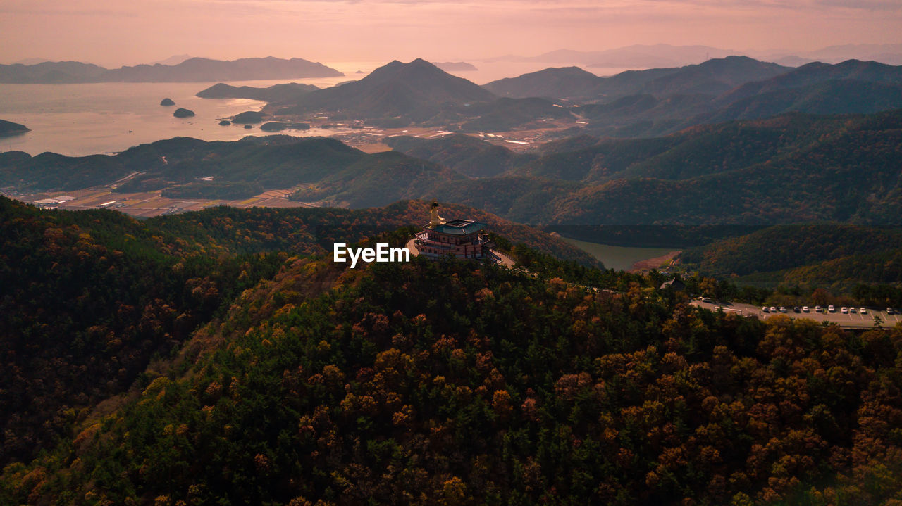 Aerial view of buddha temple on mountain