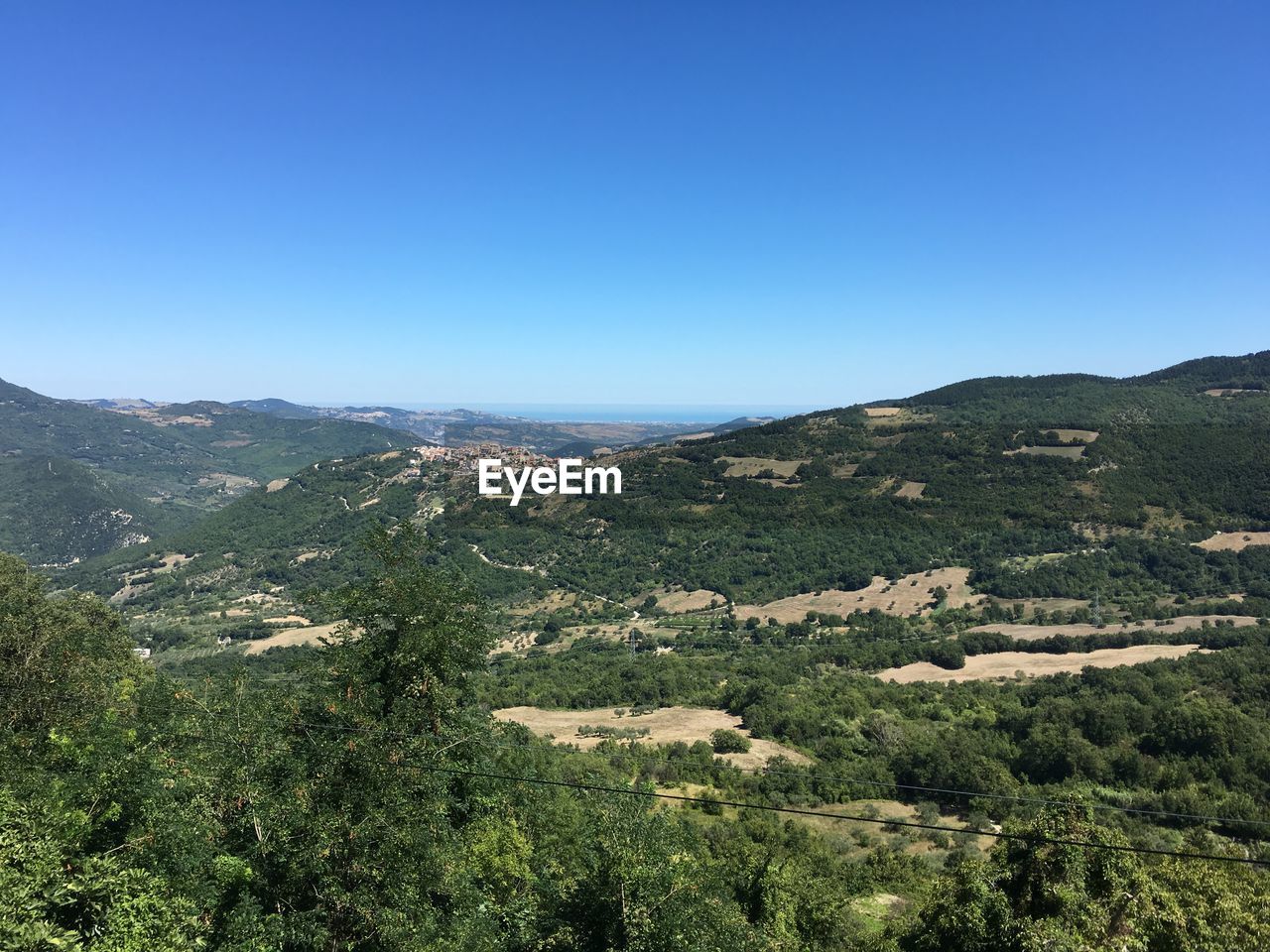 Scenic view of field against clear blue sky