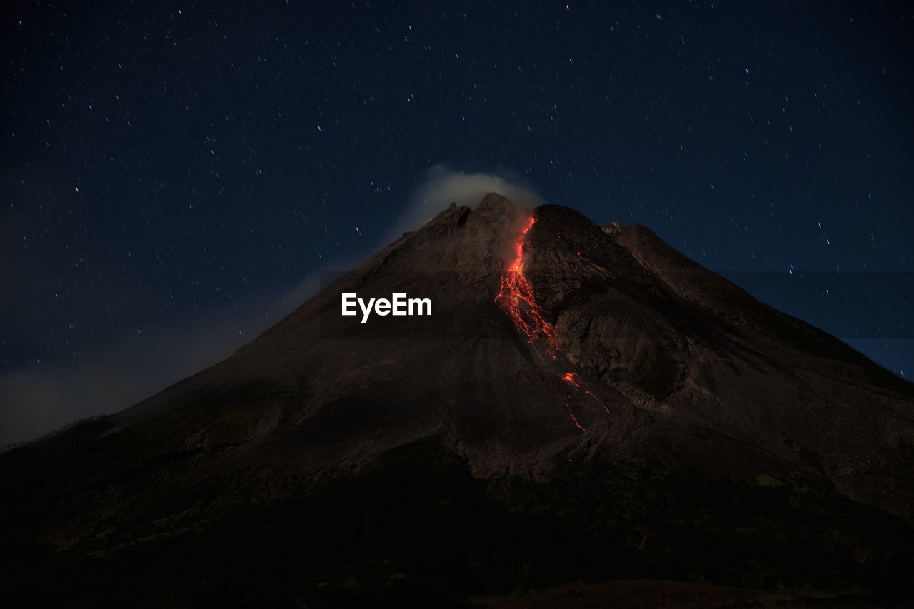 Mount merapi erupts with high intensity at night during a full moon. 