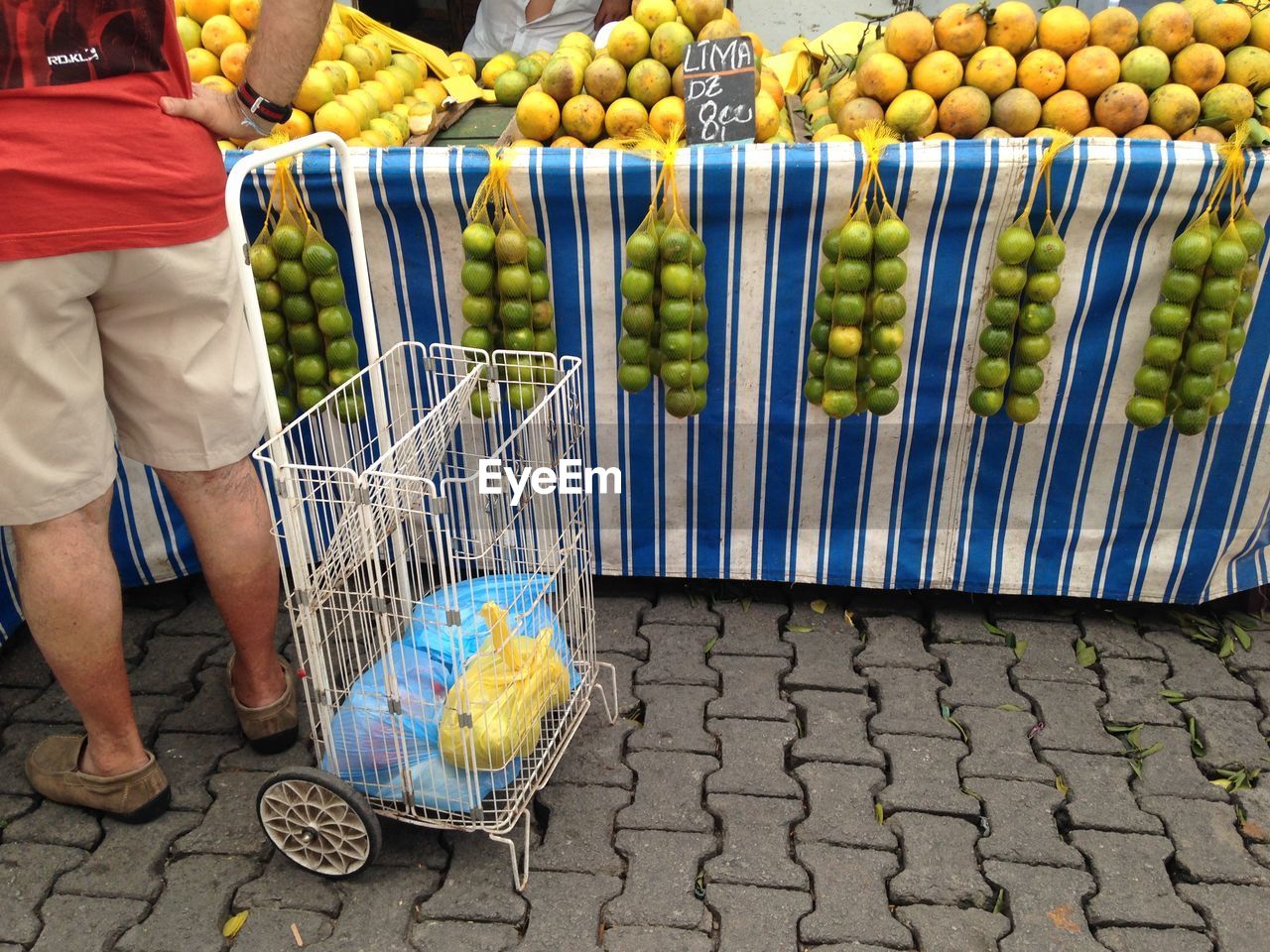 Low section of man by shopping cart at market stall