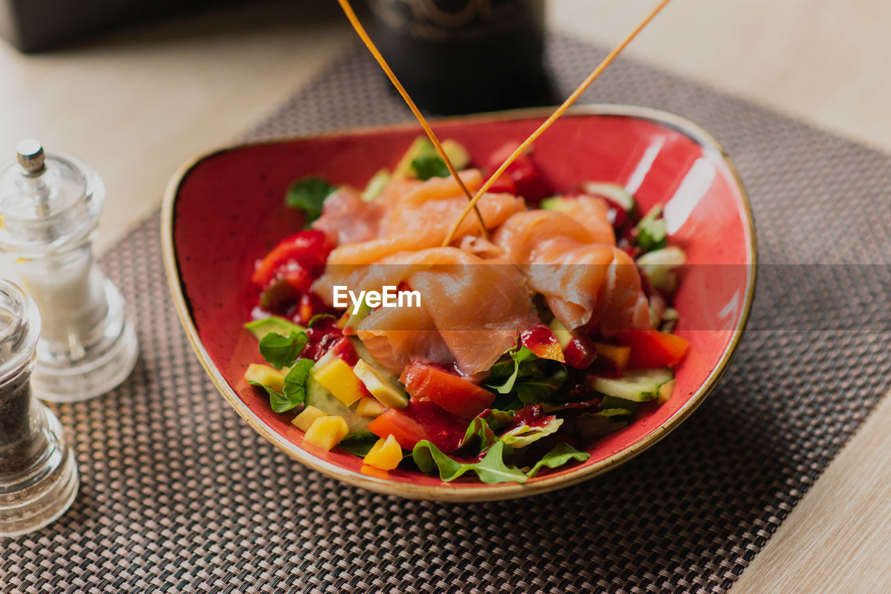 high angle view of food served in plate on table