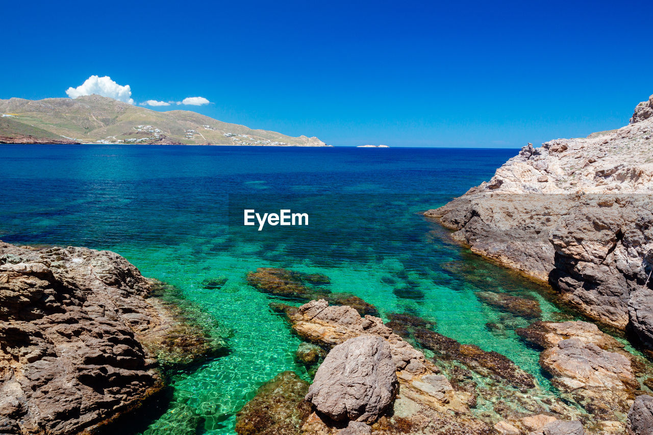 Scenic view of sea against clear blue sky