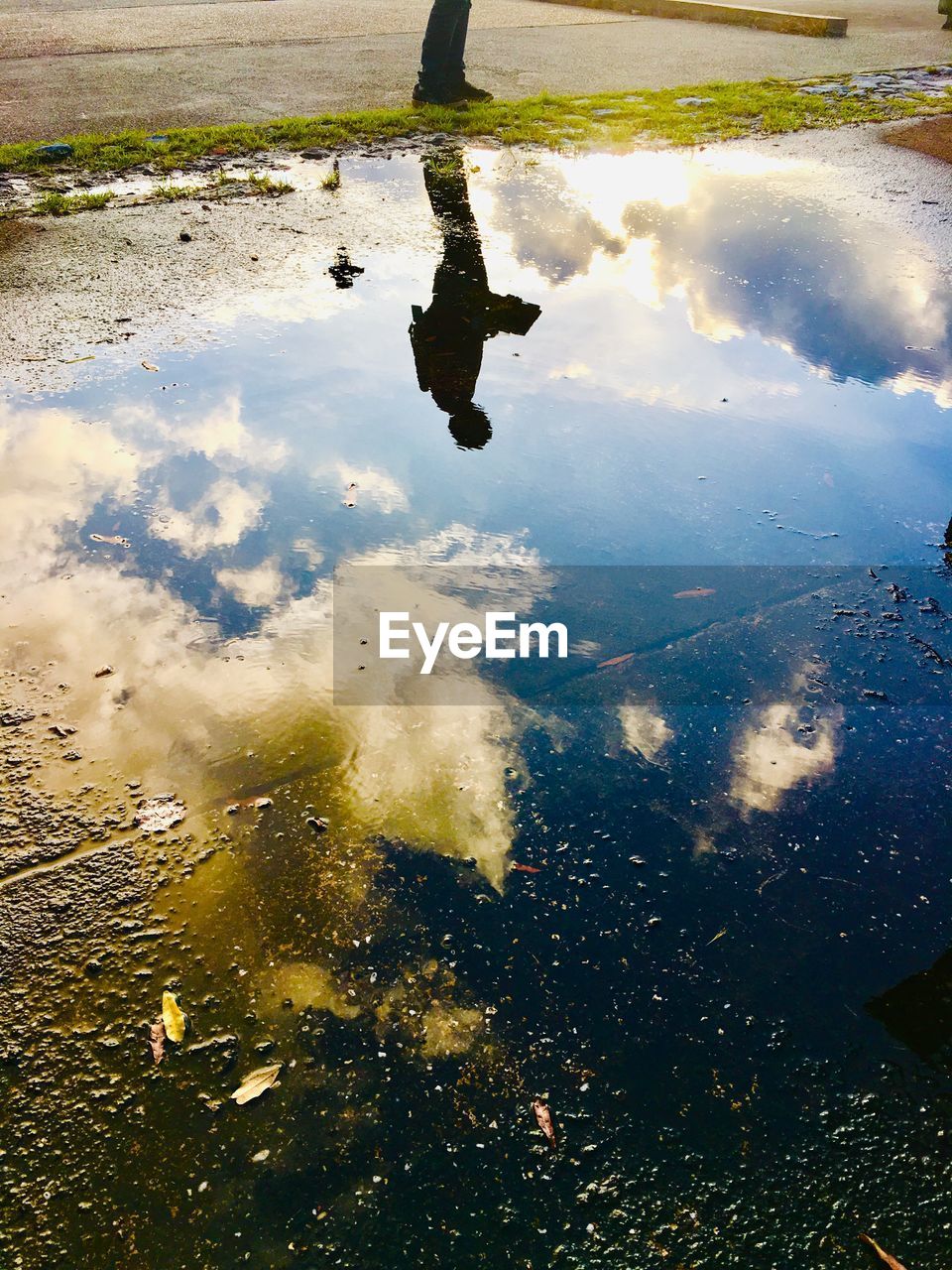 HIGH ANGLE VIEW OF REFLECTION IN PUDDLE