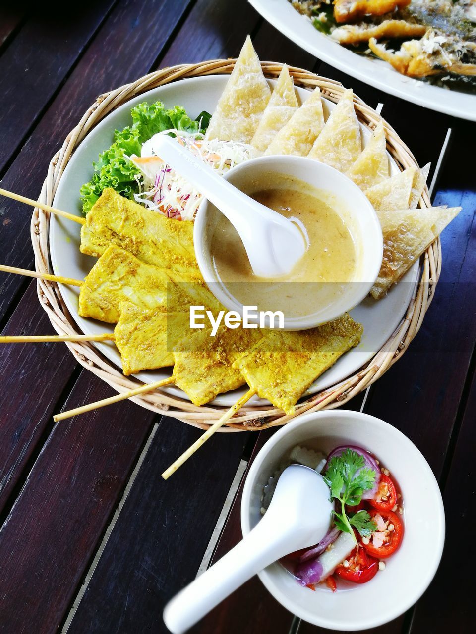 Close-up of served food in plate on table