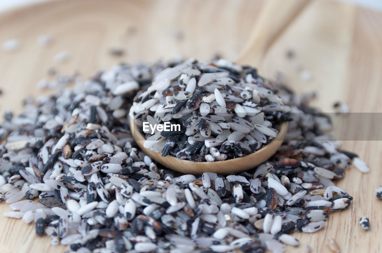 High angle view of rice overflowing from bowl