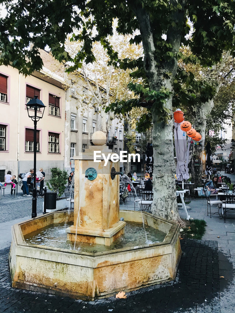 VIEW OF FOUNTAIN IN CITY AGAINST TREES