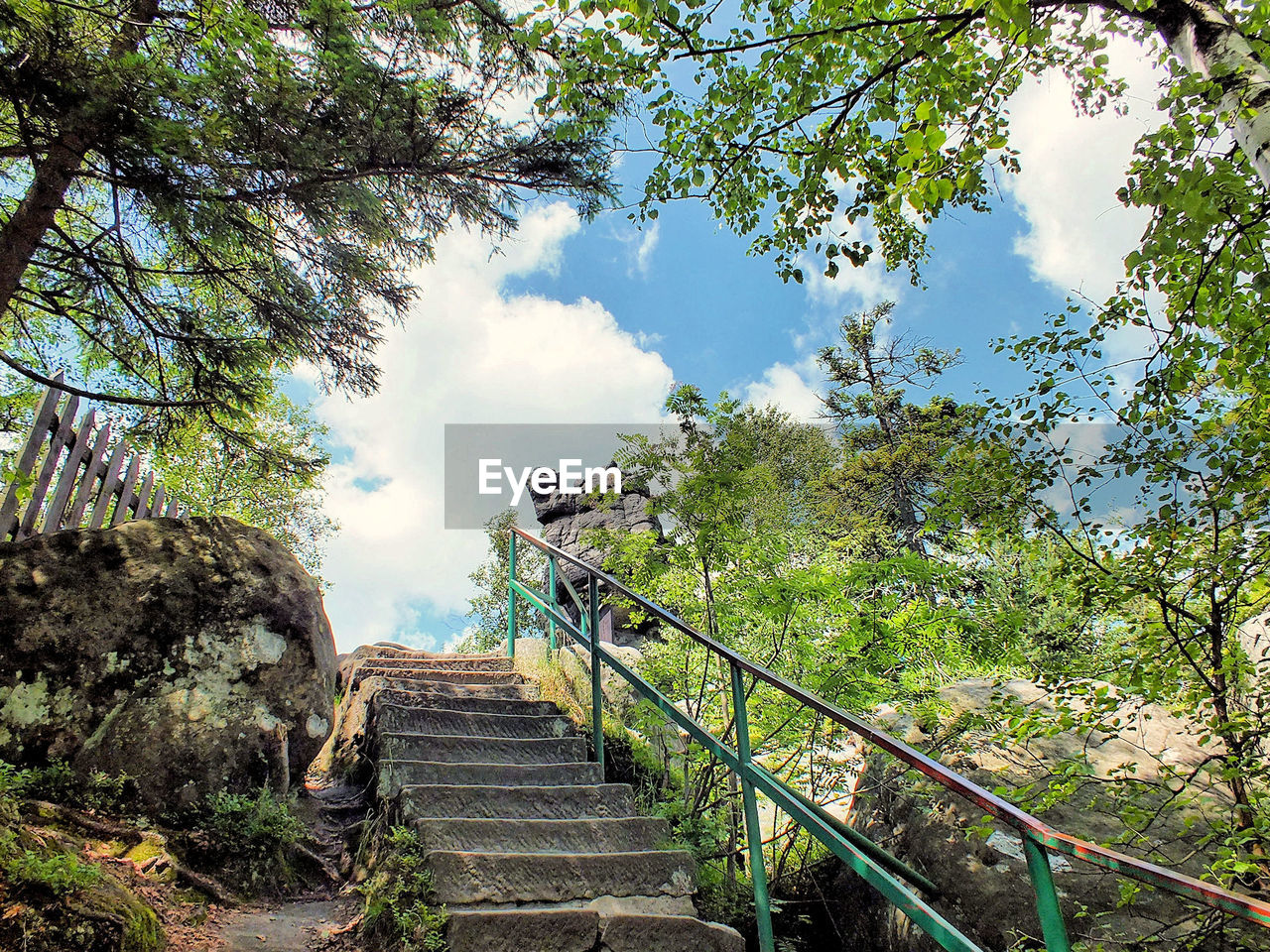 Low angle view of stairs and trees against sky