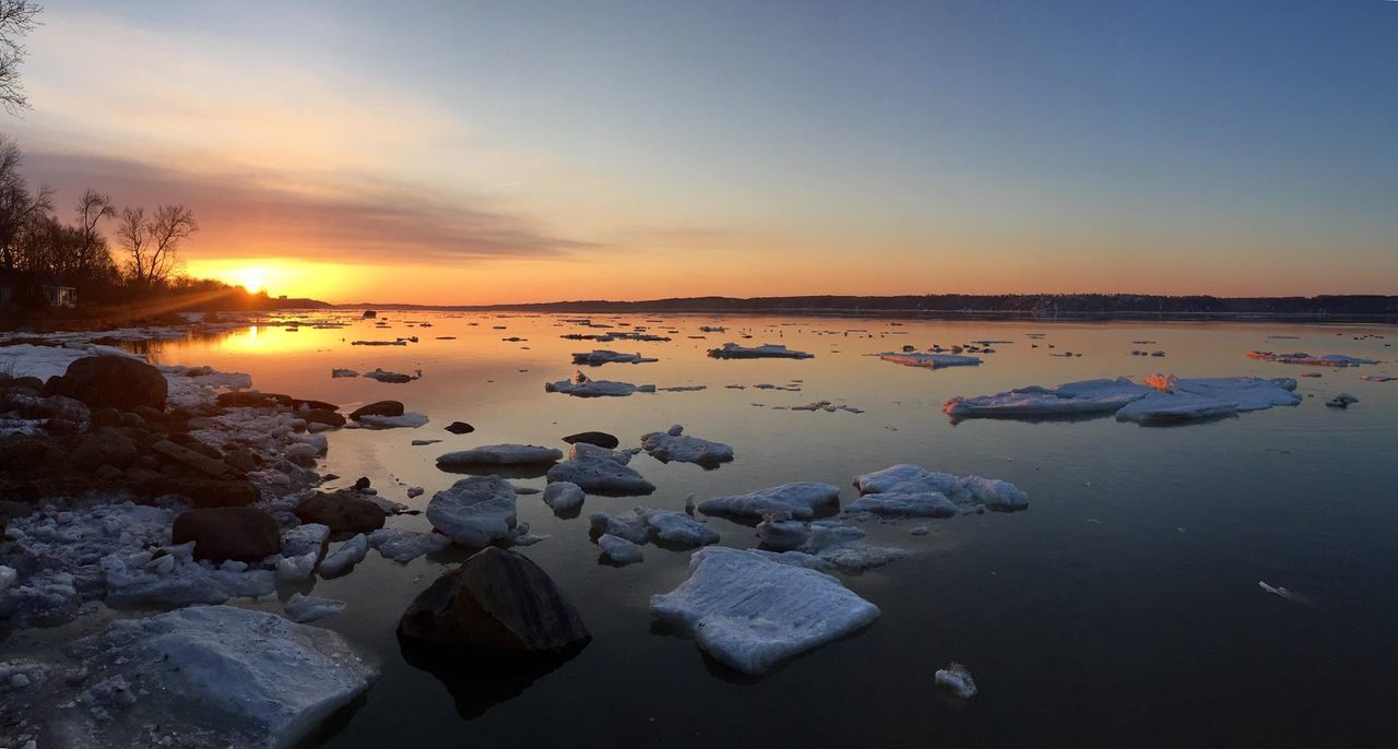 Sunset over lake with ice floes