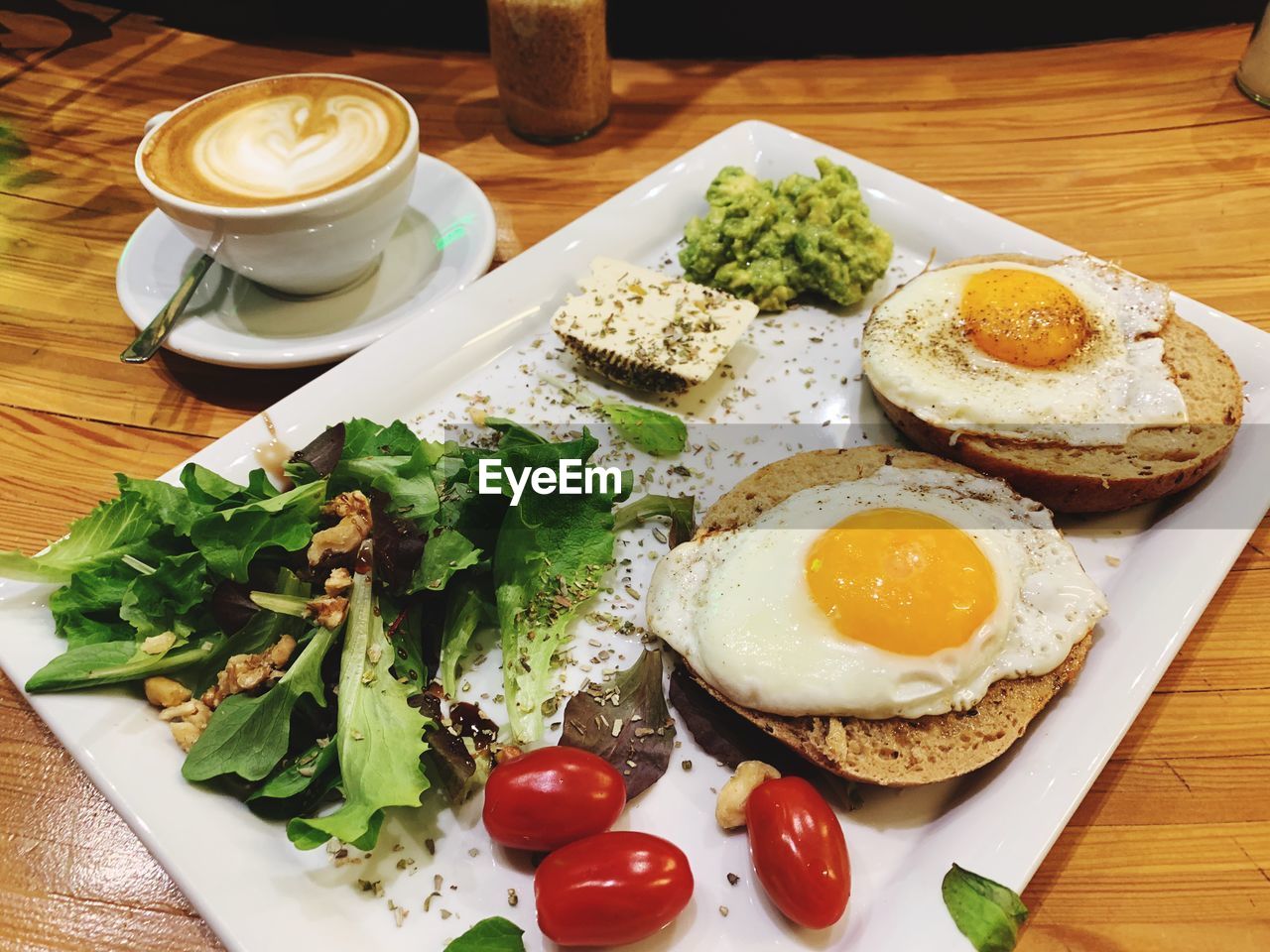 High angle view of breakfast served on table