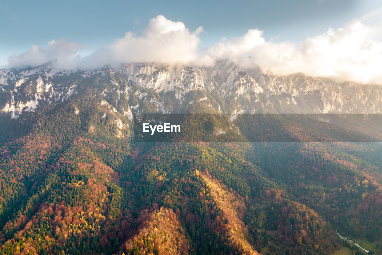 High angle view of trees and mountains against sky