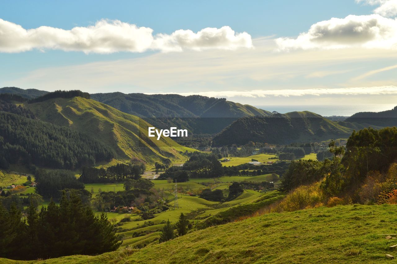 Scenic view of landscape and mountains against sky