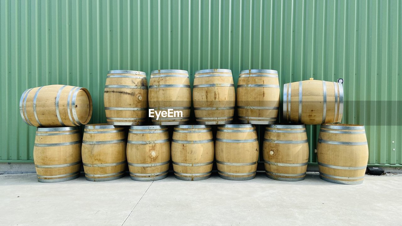 Stack of  wooden wine barrel  in row